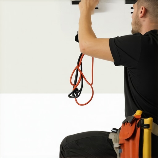 Electrician Connecting Wires to Ceiling Light Electrician connecting wires to a ceiling light fixture in a modern home interior.