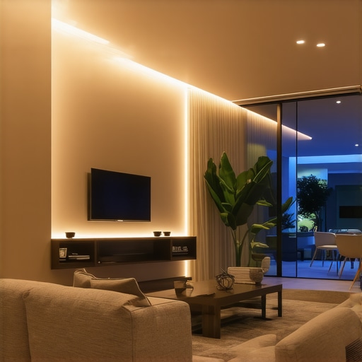 Elegant layered LED lighting setup Contemporary living room illuminated with layered LED lights and smart controls