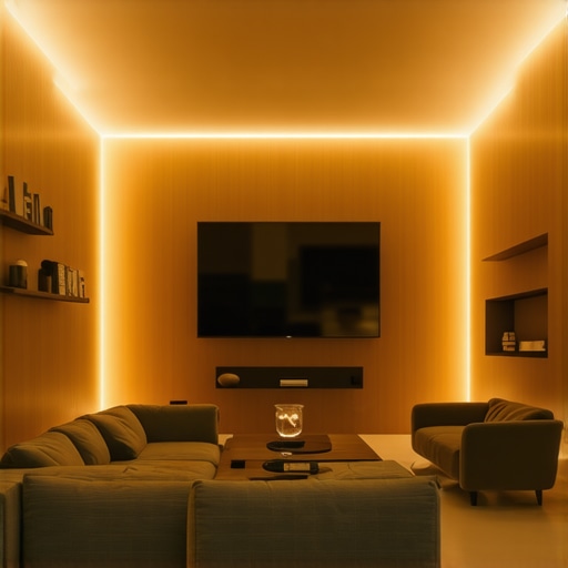 Elegant living room with embedded LED lighting Contemporary living space featuring recessed LED ceiling lights