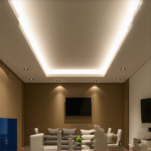 Elegant modern living room with smart LED lighting Contemporary living room featuring sleek LED light panels and smart home automation