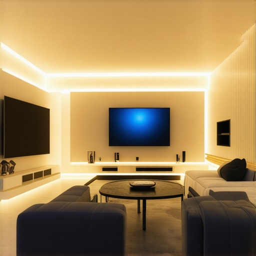 Futuristic Smart Home Lighting System Interior of a modern smart home showcasing advanced LED lighting integration and automation controls.