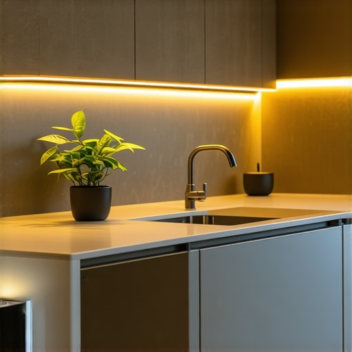 Modern kitchen with advanced layered LED lighting, smart controls, and ambient lighting creating a sophisticated atmosphere