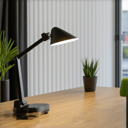 Futuristic smart desk lamp with AI technology High-tech smart desk lamp with adjustable settings and sensors in a modern workspace