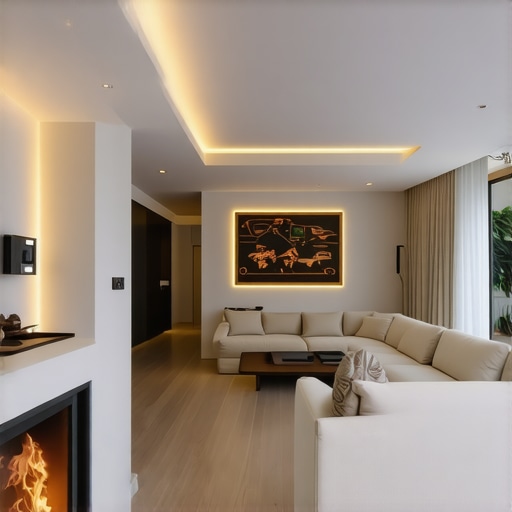 Contemporary living room featuring advanced LED smart lighting and automation controls