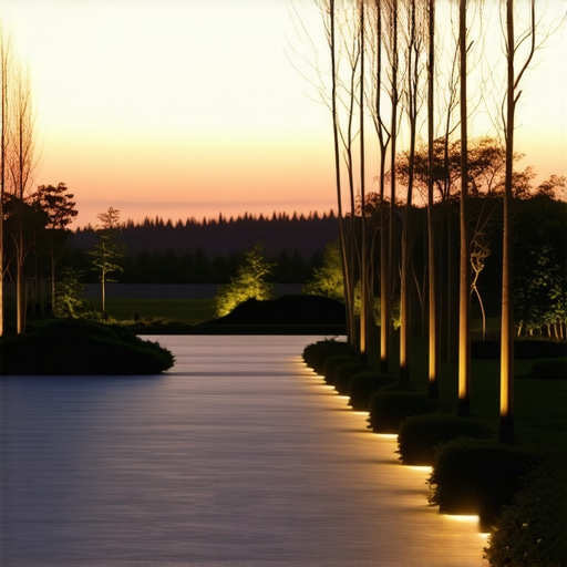 Stylish outdoor lighting fixtures with weather resistance in a garden at sunset.