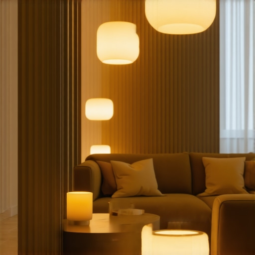 Layered Lighting in a Modern Living Room Modern living room with layered lighting including ceiling lights, lamps, and LED strips creating a cozy atmosphere.