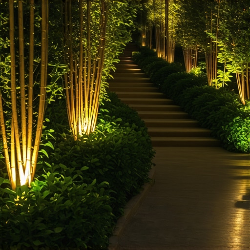 Modern Smart Garden Lighting System Smart outdoor lighting installed in a lush garden setting at dusk