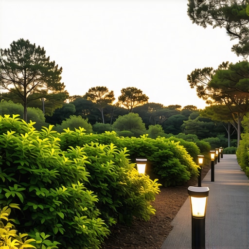 Garden pathway illuminated with LED and solar lights at dusk
