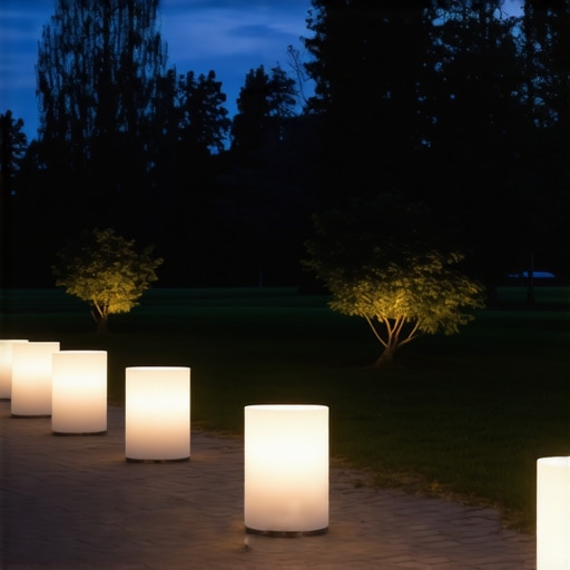 Outdoor garden with IP65 rated lamps illuminating the path at dusk