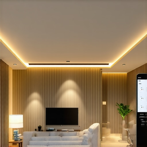 Modern smart living room with advanced lighting system Contemporary living room featuring smart lighting controls and LED fixtures, emphasizing modern design and technology.