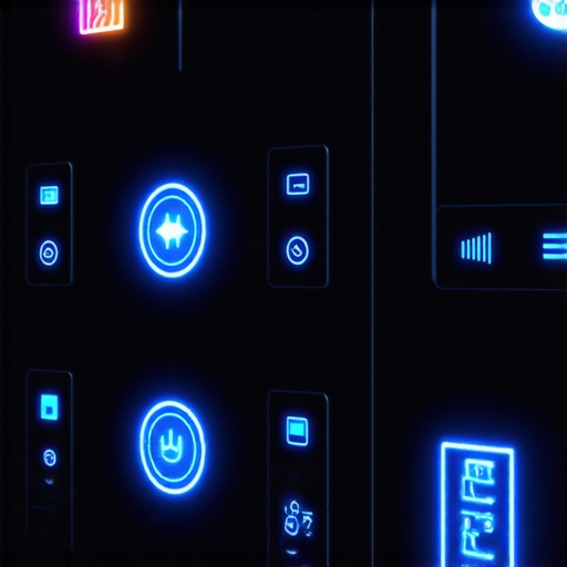 Napredna automatizacija pametnog doma 2024 Futuristic smart home control panels with interconnected devices and ambient lighting.