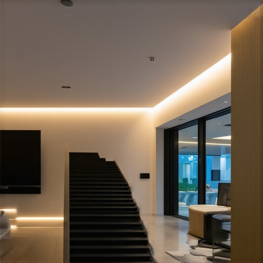 Interior of a smart home with sophisticated lighting automation and connected devices.