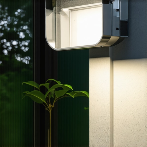 A modern outdoor LED floodlight with high IP65 protection installed in a garden