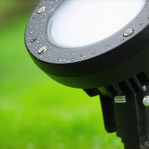Close-up of outdoor LED light demonstrating IP65 protection against water and dust.