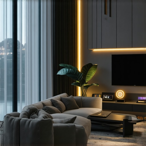 Modern living room with layered LED lighting and smart control