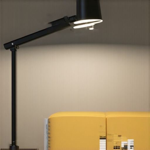 Smart Desk Lamp with App Control A modern smart desk lamp with adjustable features, controlled via a mobile app in a stylish home office setting.