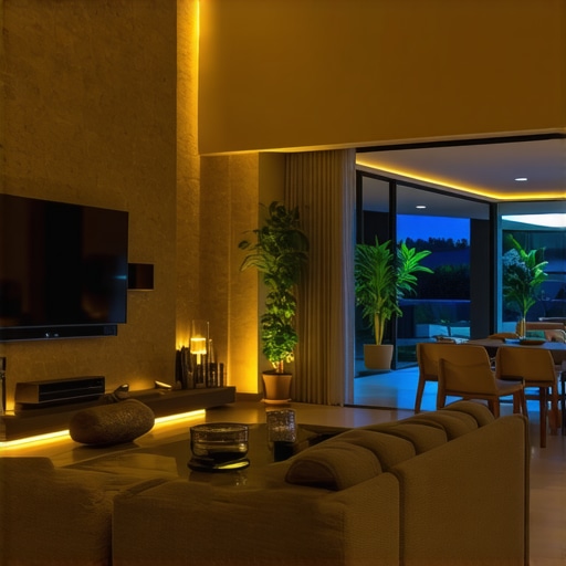 Living room with smart LED lights and automation controls