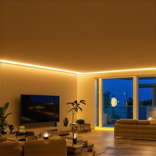 Modern living room with integrated LED lighting and smart controls