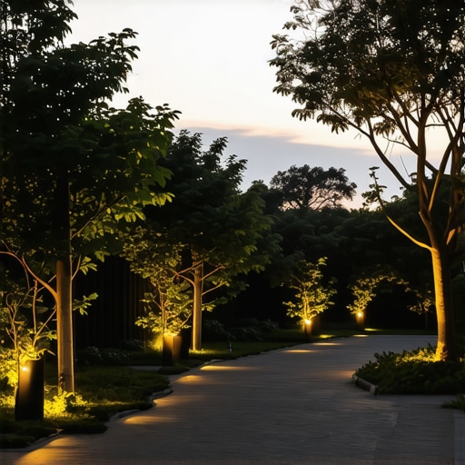 Smart Outdoor Lighting System Advanced smart outdoor lighting controlling security and ambiance in garden at sunset.