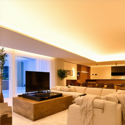 Smart layered LED lighting in living room Contemporary living room with customizable LED lighting and smart control panel