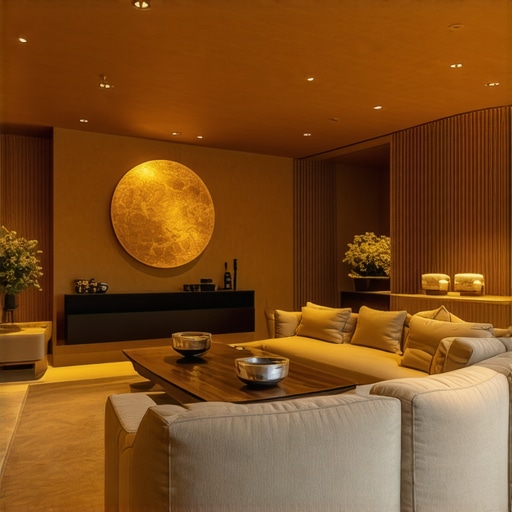 Modern living room with layered LED and halogen lighting creating sophisticated ambiance