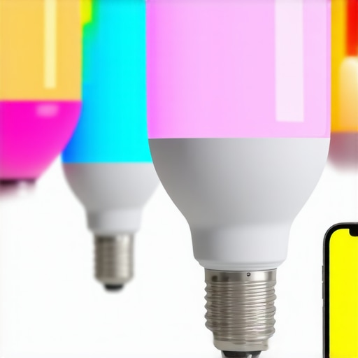 Advanced Smart Home Lighting System A modern smart home lighting control system with colorful LED bulbs, a smartphone app, and voice assistant interface