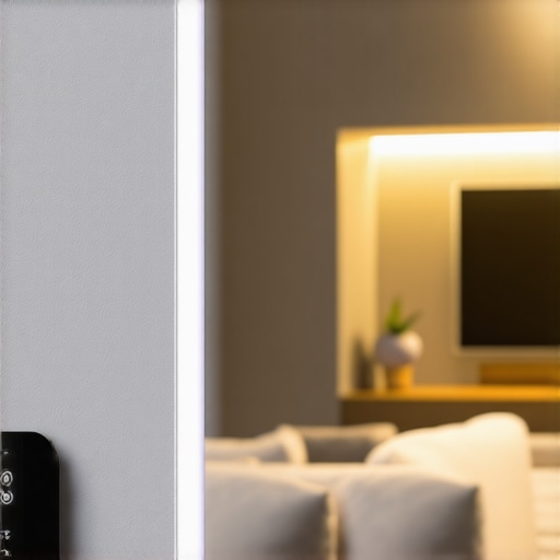 Close-up of a modern smart LED lighting system with app controls, in a contemporary living room setting.