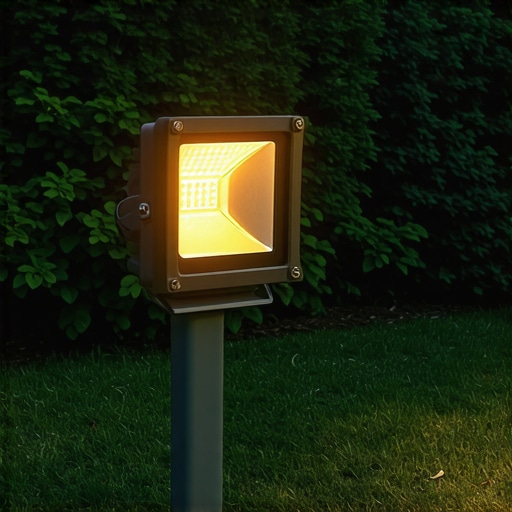 Durable outdoor LED floodlight with IP65 rating Modern outdoor LED floodlight with IP65 protection installed in a garden