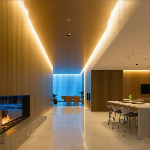 High-tech smart home with customizable LED lighting Interior of a modern smart home with customizable LED lighting system, app control, and sensors