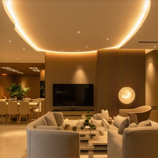 Contemporary LED lighting setup in a cozy living room with smart controls