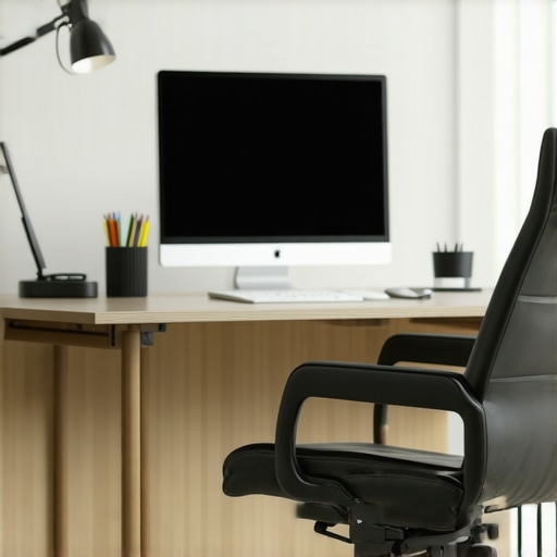 Modern Office Lighting with Adjustable Desk Lamp A modern home office featuring a sleek adjustable desk lamp, ergonomic chair, and organized workspace
