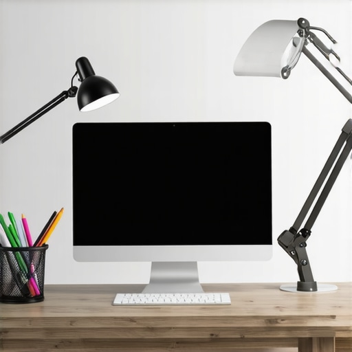 Modern adjustable LED desk lamp in home office Home office with modern LED desk lamp and ergonomic setup