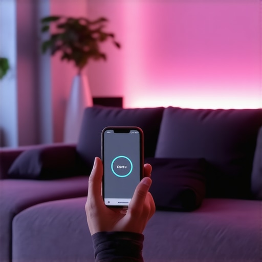 Modern living room with smart lighting Smart LED lighting control in a modern living room