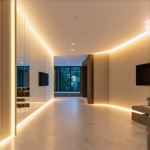 Modern smart home LED lighting system Interior of a modern smart home showcasing advanced LED lighting with customizable ambiance