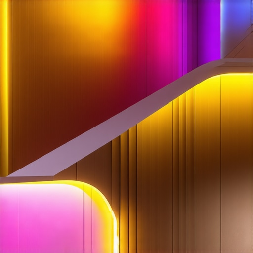 Modern smart home lighting A smart home interior featuring colorful LED lighting and control panels