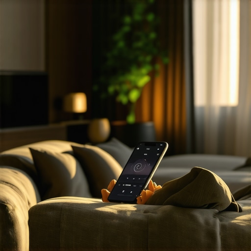 Personalized Home Lighting Control Modern living room with smart lighting system controlled via smartphone