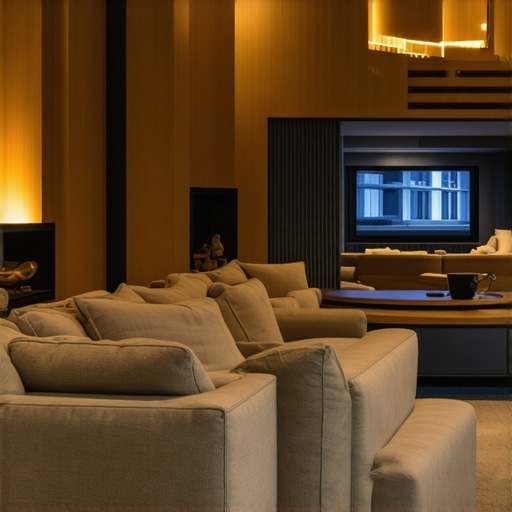 Personalized home lighting setup A cozy living room with layered lighting and smart control devices