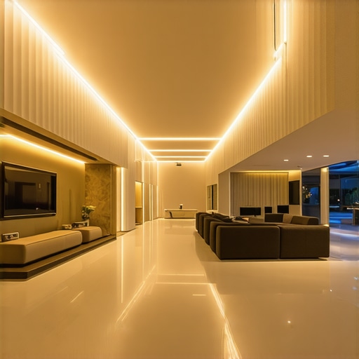 Personalized layered lighting in modern home Interior of a modern home showing layered lighting with LED strips and smart controls