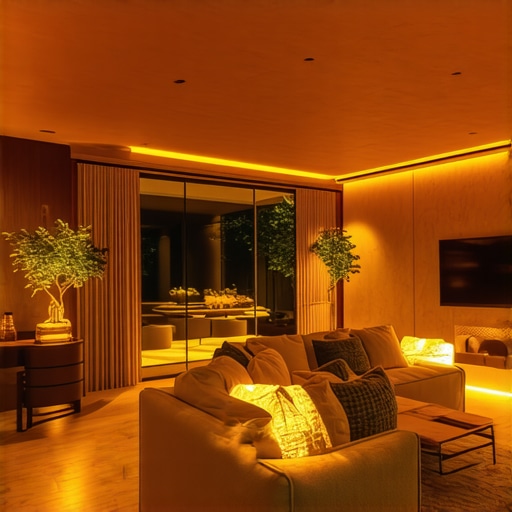 Personalized layered lighting setup in modern living room Elegant living room illuminated with adjustable layered lighting creating cozy and bright zones