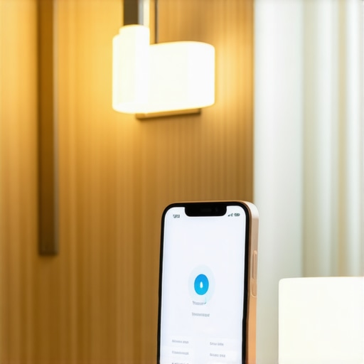 Smart Home Lighting Control A person using a smartphone to control smart lighting in a modern living room.