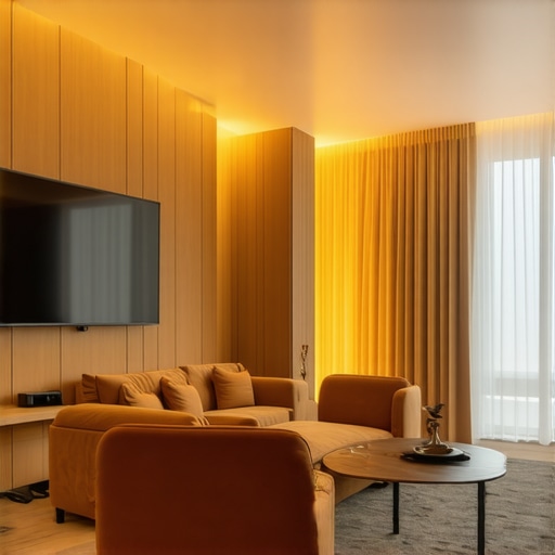 Smart LED lighting in modern living room Contemporary living room with smart LED lights that can be controlled via app, showcasing adjustable color temperature and brightness.