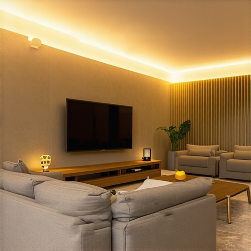 Advanced LED Lighting in Modern Living Room Stylish living room with advanced LED lighting, showcasing adjustable color temperature and smart controls