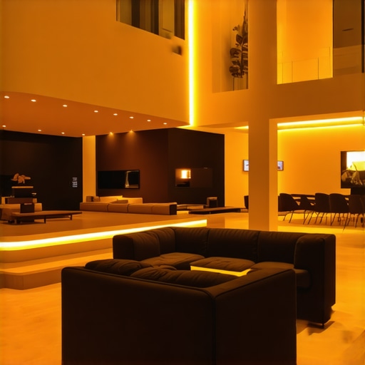 Interior of a modern living room with LED lights creating a cozy atmosphere