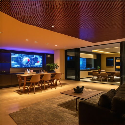 Futuristic Smart LED Lighting System A modern home interior showcasing advanced smart LED lighting setup with control panels and colorful lighting effects