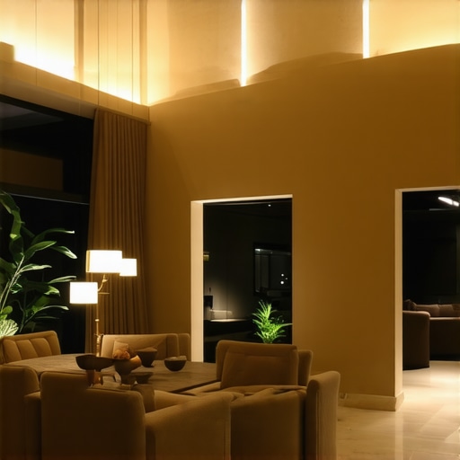 Home interior with layered Kelvin lighting Elegant modern home with warm and cool lighting layers