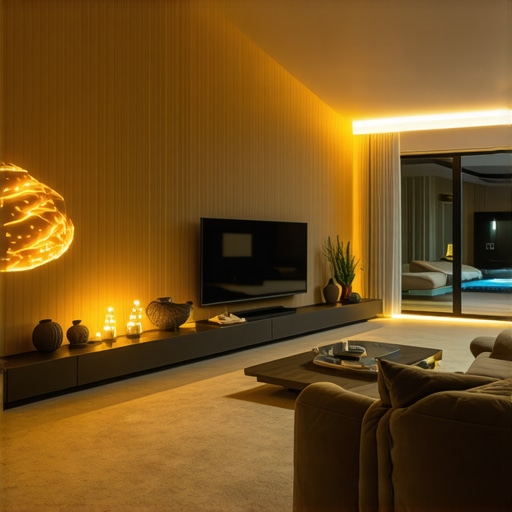 Integracija pametne rasvjete u modernom interijeru Dnevni boravak s diskretno ugrađenom pametnom rasvjetom i kontrolnim uređajima