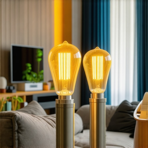 Modern GU10 LED bulbs in stylish living room Close-up of sleek GU10 LED bulbs illuminating a contemporary living space with advanced lighting technology