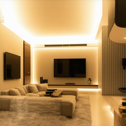 Modern LED strip lighting installation Living room with LED strip lights along the ceiling