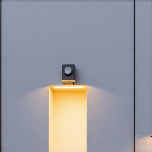 Modern facade with smart outdoor lighting system Advanced outdoor lighting system on a contemporary building with sensors