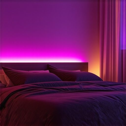 Personalized lighting in modern bedroom Bedroom with advanced customizable LED lighting showing diverse color spectrum